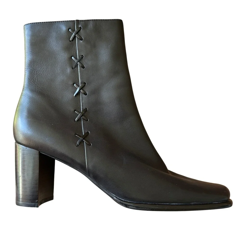 Black Leather Square Toe Block Heel Ankle Boots Size 10M Witchy 90s Classy